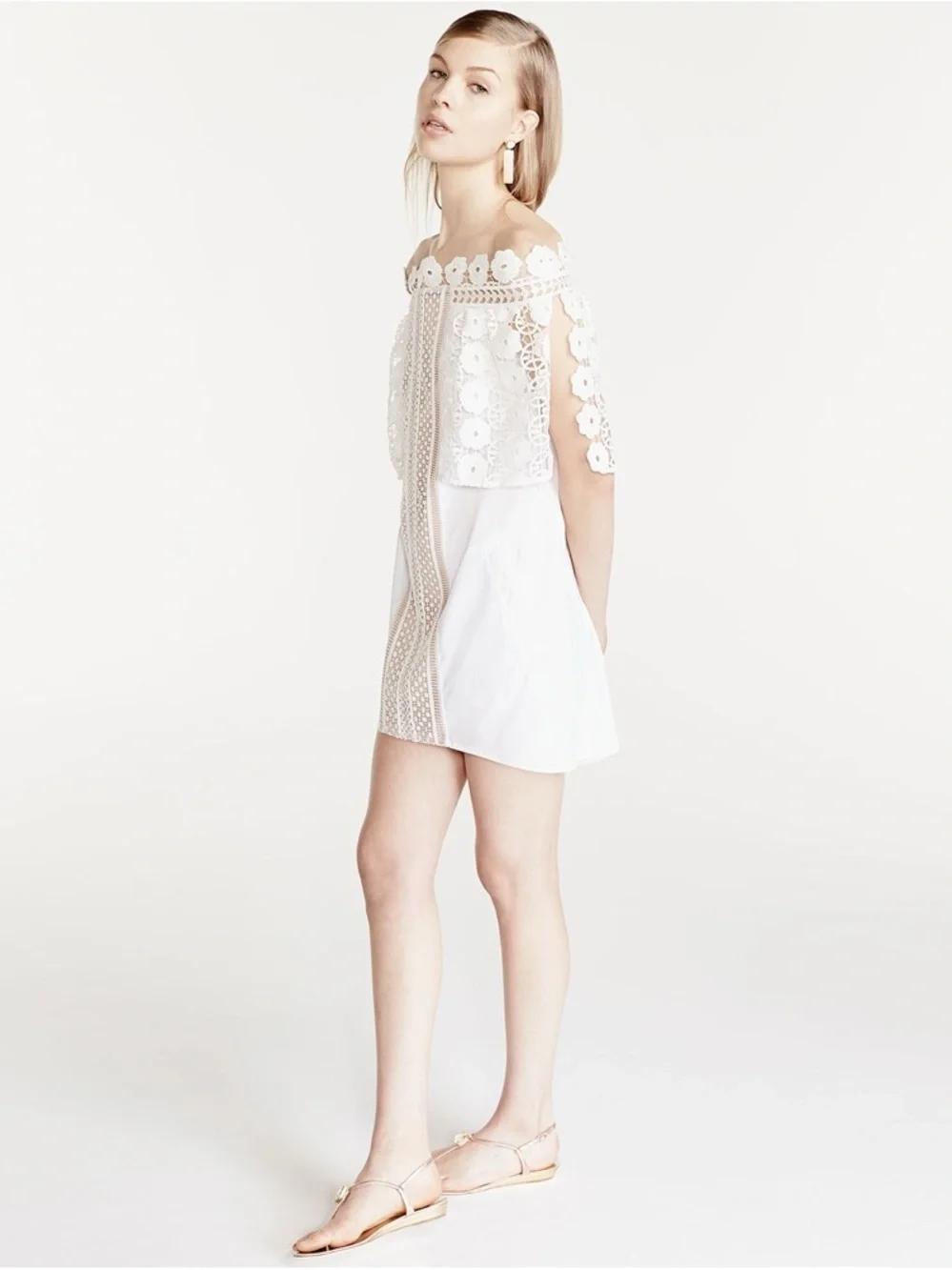 Self-Portrait White Serena Poplin Lace Off-the-Shoulder Mini Dress - US 2 (XS) - Picture 4 of 8